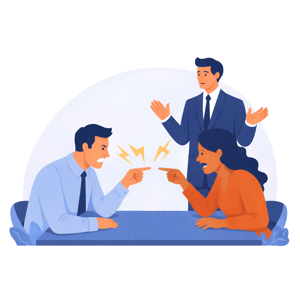 Illustratie van een werknemer in een arbeidsconflict met de werkgever, symbool voor spanningen op de werkvloer en onzekerheid over ontslag.