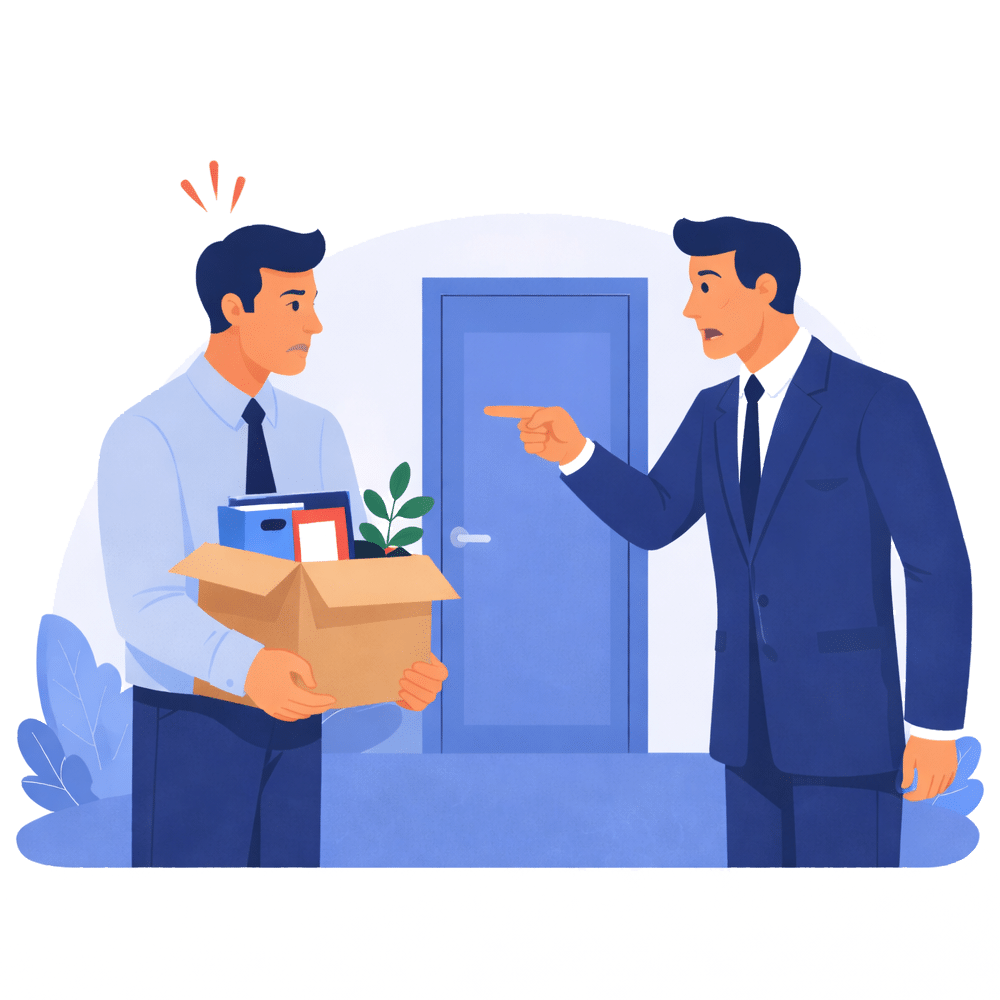 Illustratie van ontslag op staande voet waarbij een werknemer direct het werk moet verlaten na een conflict met de werkgever.